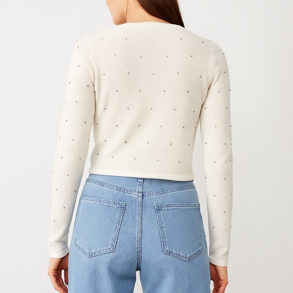 NWT Ann Taylor Cashmere Open Cardigan Shrug Rhinestones Cream $228. Size S - Picture 7 of 8